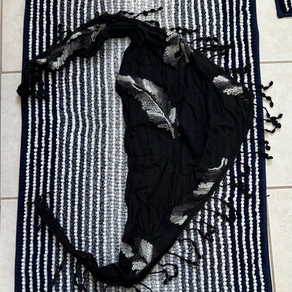 Black and Gray Knit Scarf with Fringe